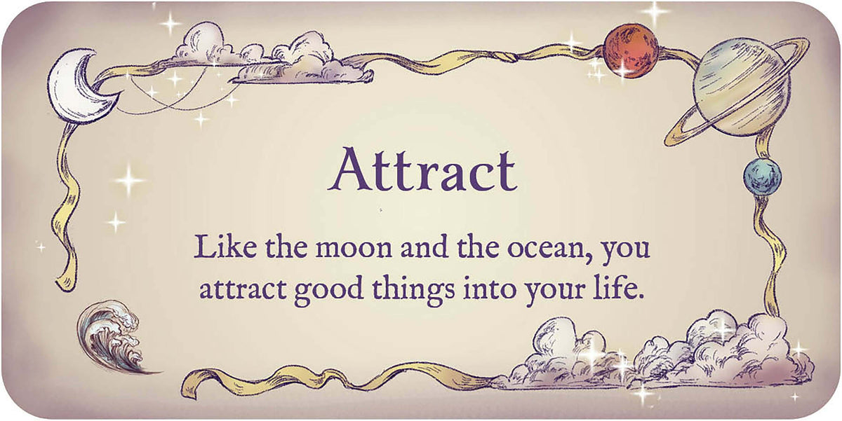 Decorative card with celestial elements and motivational text on a beige background
