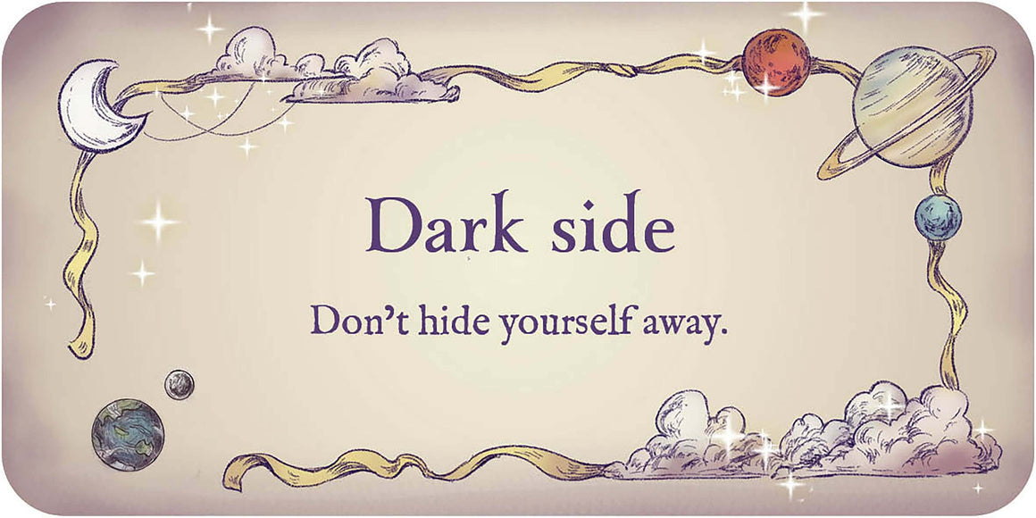 Decorative card with celestial design and motivational quote on a beige background