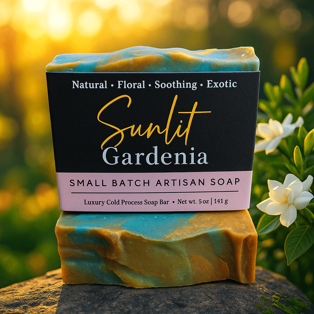 Sunlit Gardenia Soap Bar - Soap Boutique, artisan soap with floral colors and natural ingredients, highlighting soothing gardenia scent.