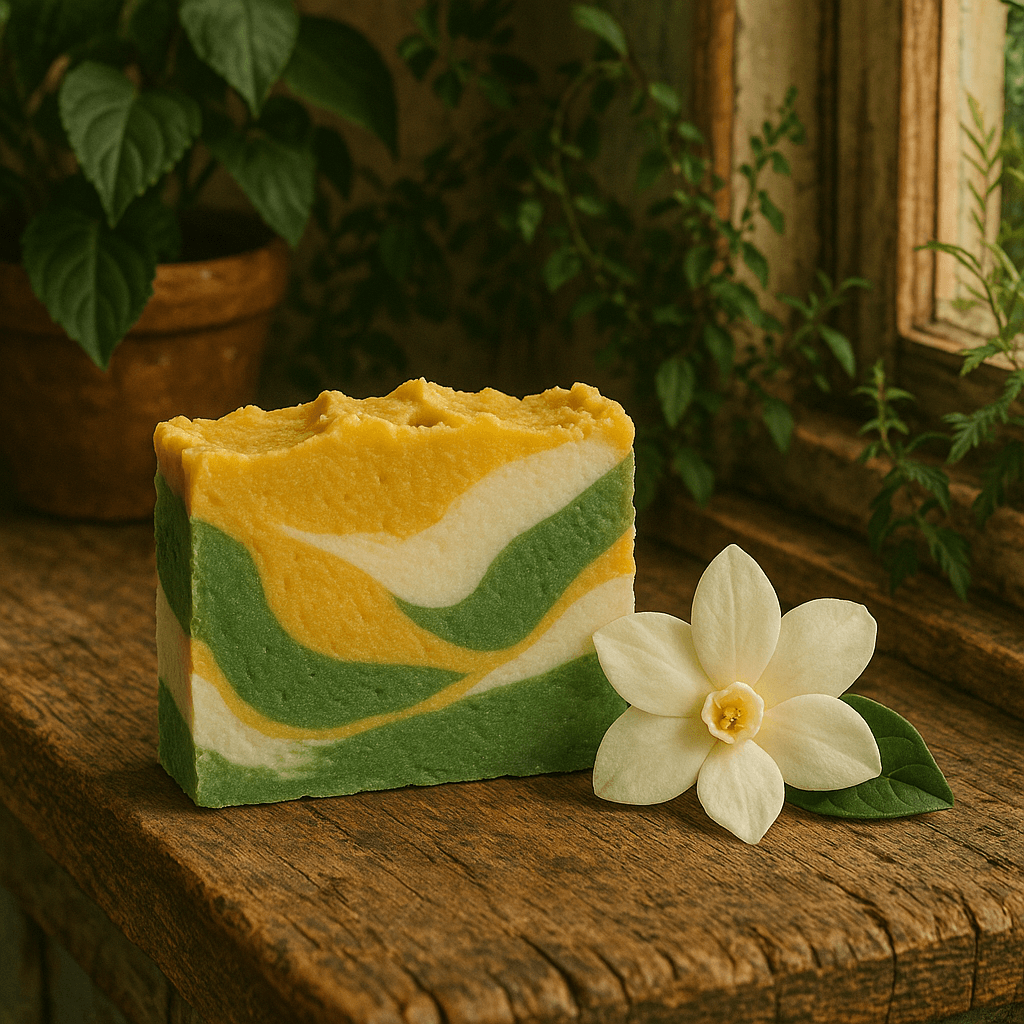 Sunlit Gardenia Soap Bar - Soap Boutique displayed with a white gardenia flower on wood, showcasing creamy golden and green swirls.