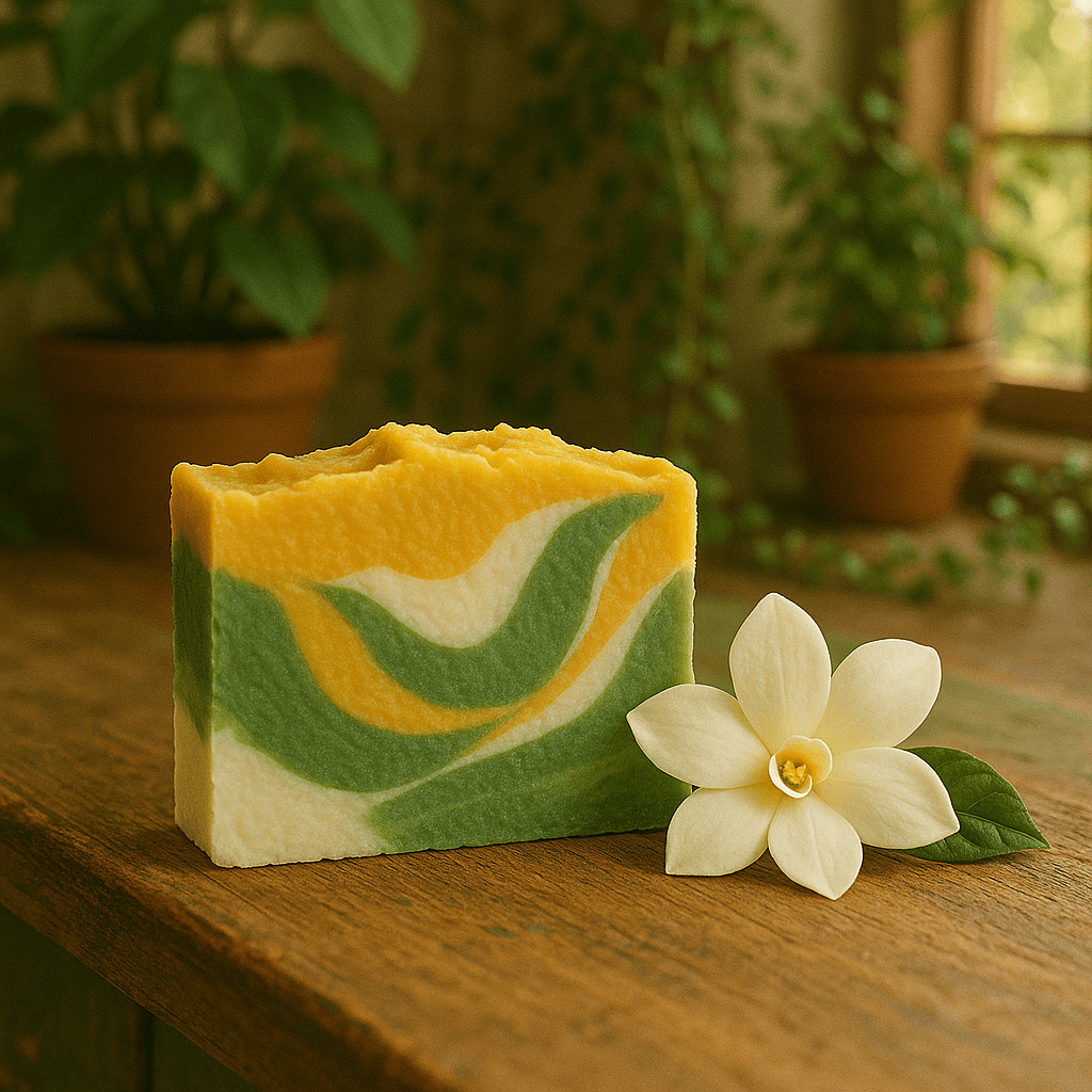 Sunlit Gardenia Soap Bar - Soap Boutique, artisan soap with green and yellow swirls beside a fresh flower.