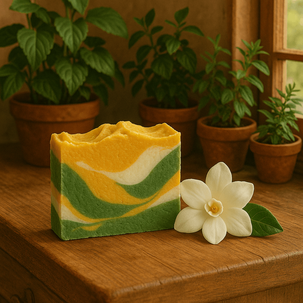 Sunlit Gardenia Soap Bar - Soap Boutique featuring swirls of yellow, green, and cream beside a fresh gardenia flower.