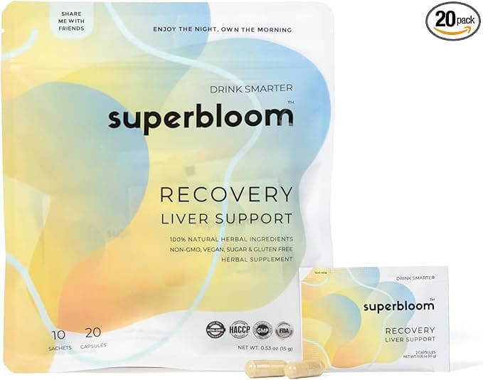 Superbloom Recovery Liver Support | Liver Detox with DHM, Turmeric, Milk Thistle | 10 Sachets, 20 Capsules | Enjoy The Night, Own The Morning-Live in the Light Naturally Ltd