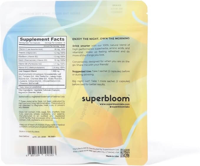 Superbloom Recovery Liver Support | Liver Detox with DHM, Turmeric, Milk Thistle | 10 Sachets, 20 Capsules | Enjoy The Night, Own The Morning-Live in the Light Naturally Ltd