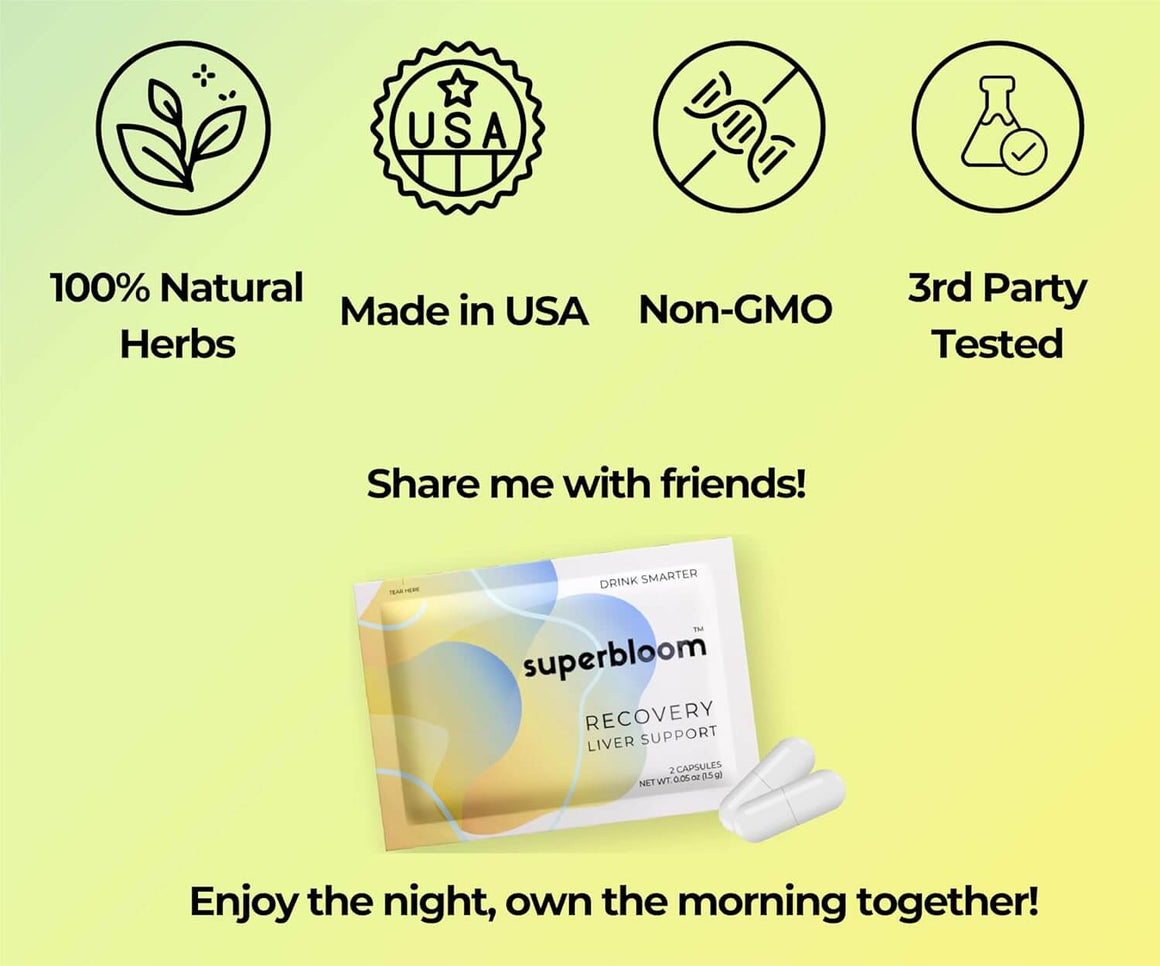 Superbloom Recovery Liver Support | Liver Detox with DHM, Turmeric, Milk Thistle | 10 Sachets, 20 Capsules | Enjoy The Night, Own The Morning-Live in the Light Naturally Ltd