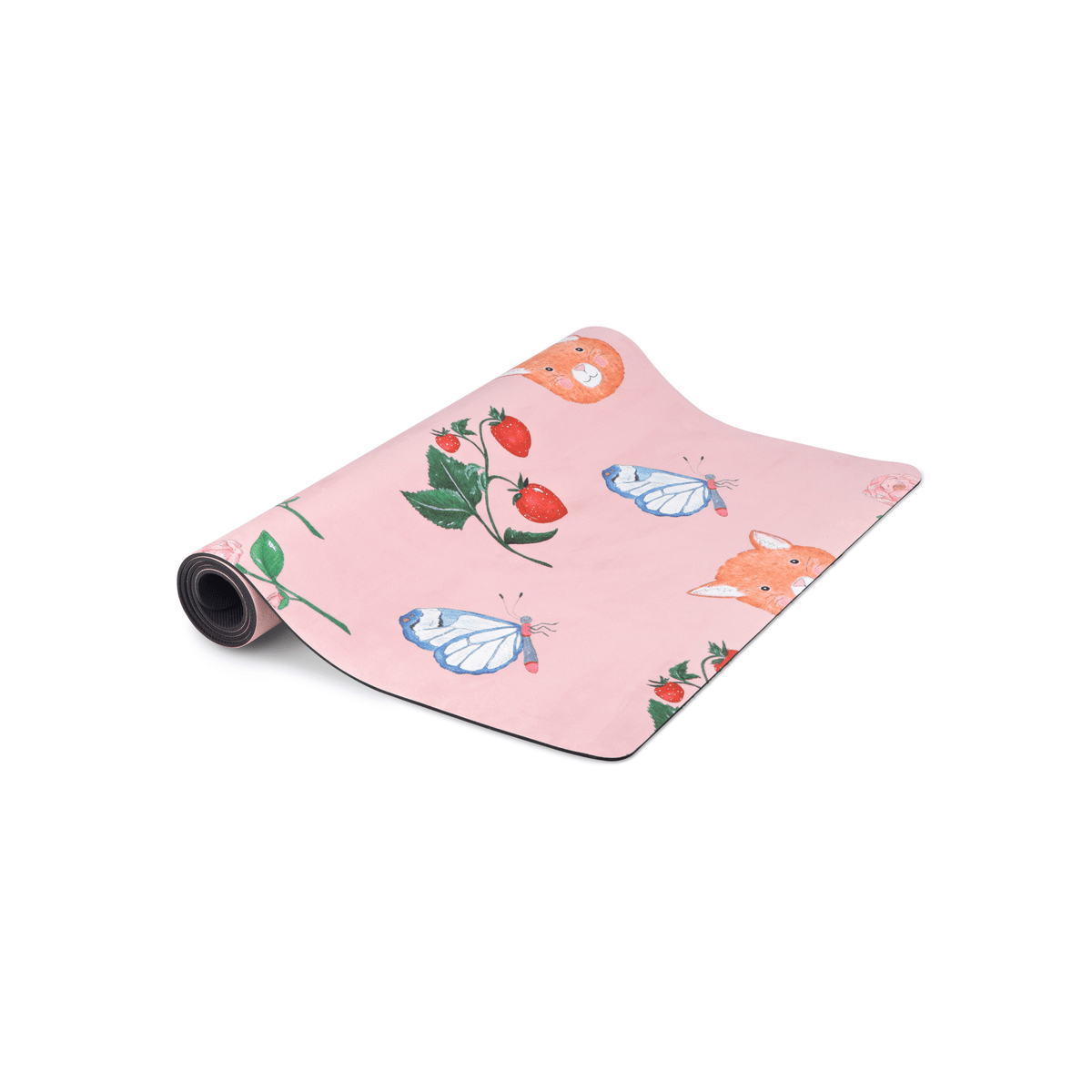 Sweet Print Kids Yoga Mat with Chloe Jasmine illustrations featuring butterflies, strawberries, and foxes on a pink background.