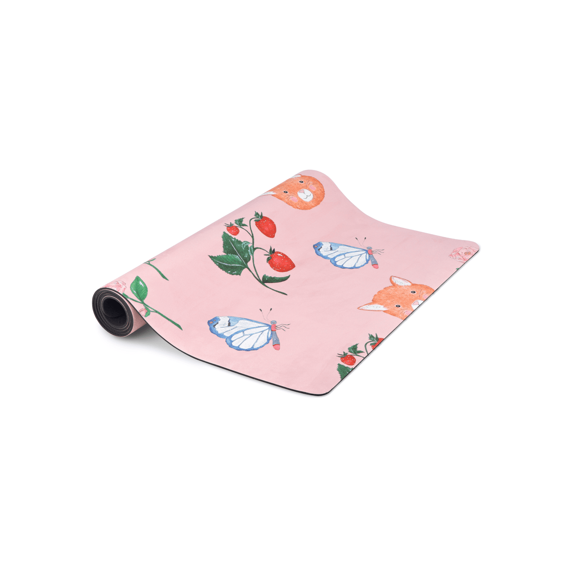 Pink yoga mat with fox and butterfly design on a white background