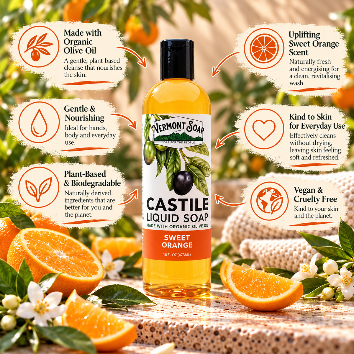 Sweet Orange Castile Liquid Soap - Vermont Soap