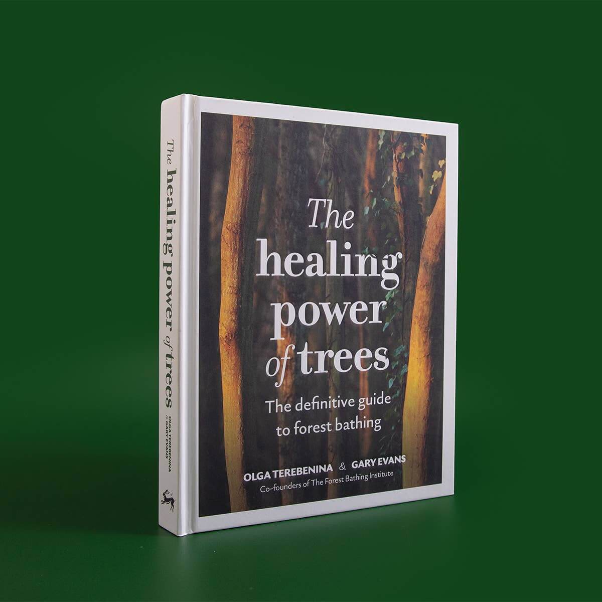 Book titled 'The Healing Power of Trees' on a green background