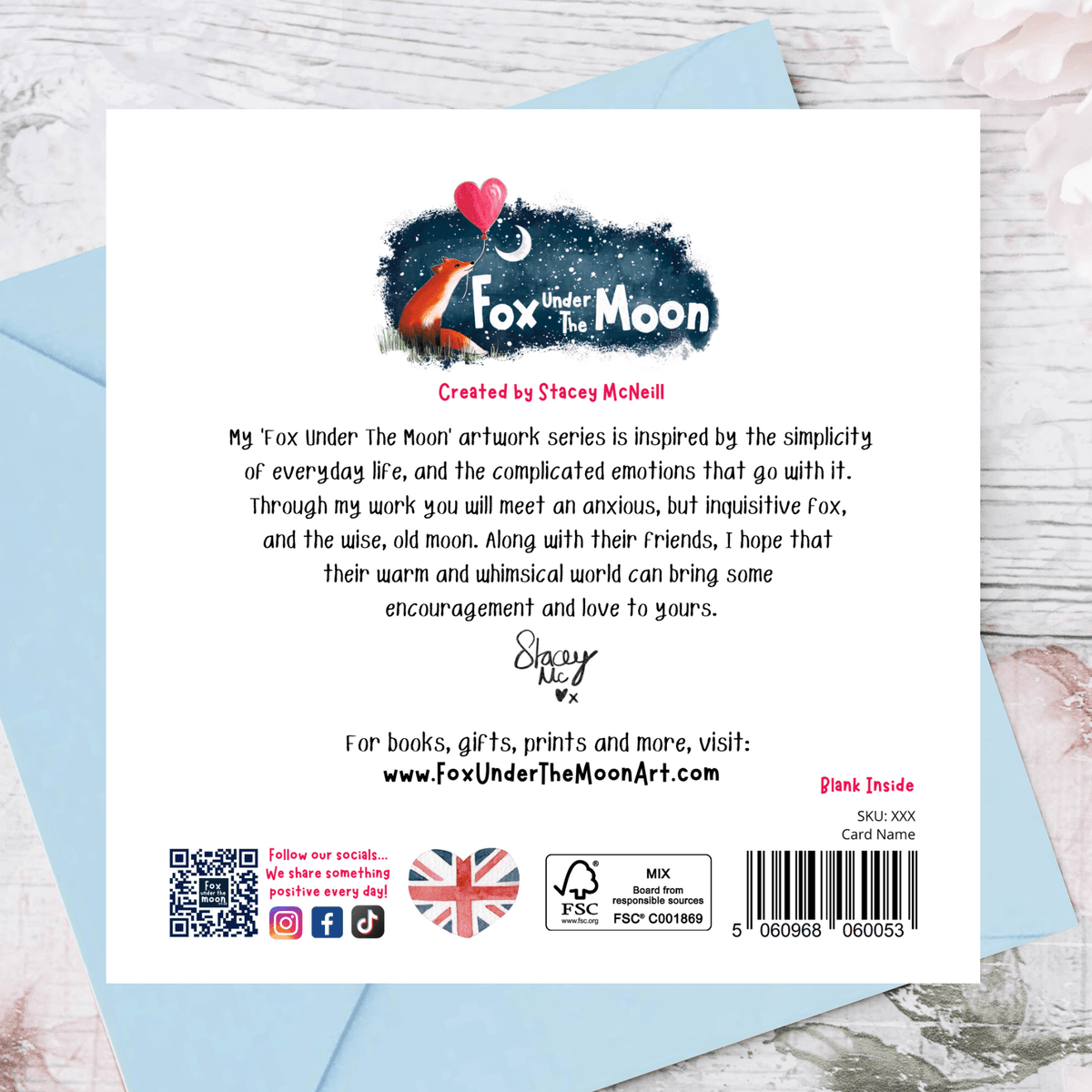 Back of the Time For Me Greeting Card by Fox Under The Moon, featuring artwork by Stacey McNeill.
