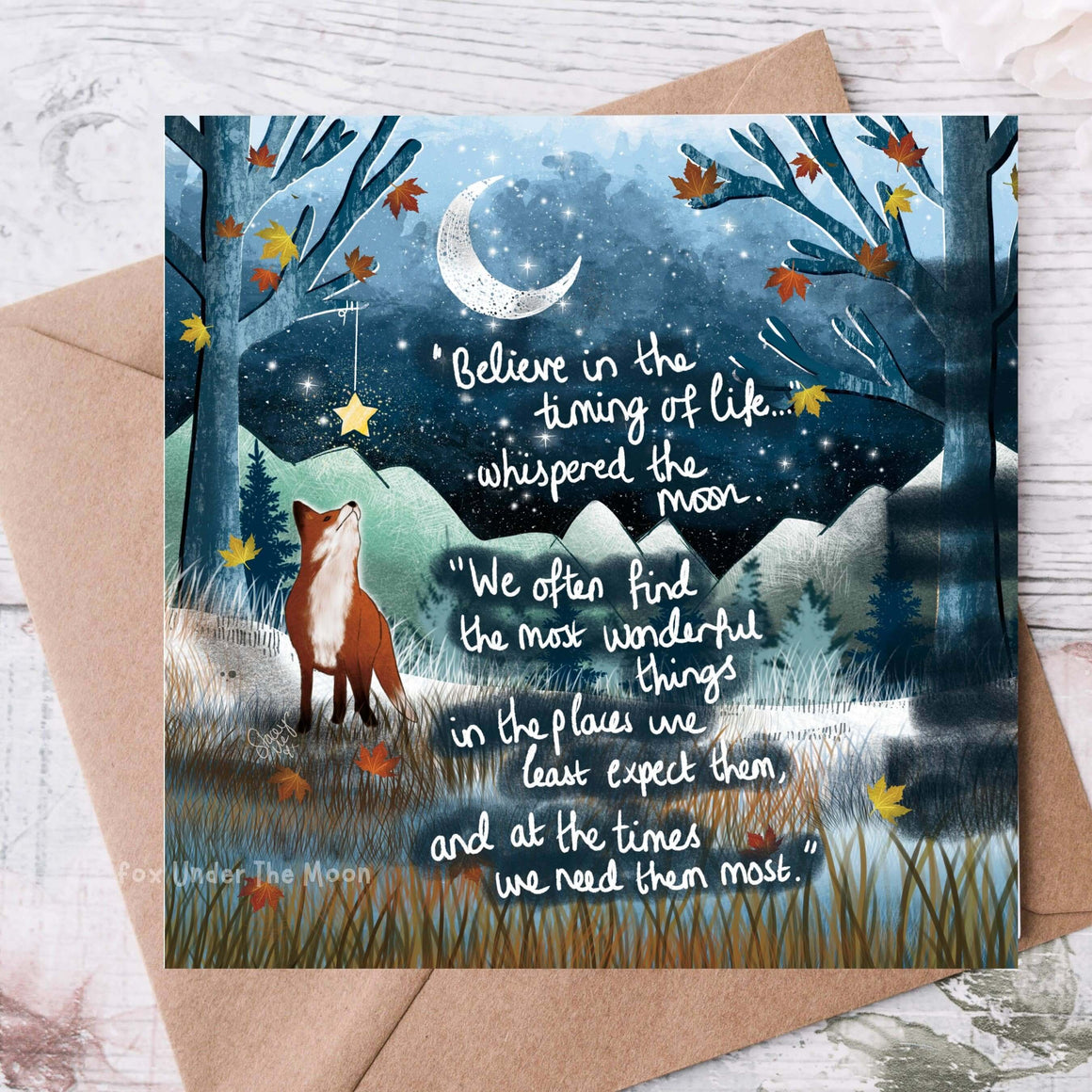 Timing - Greeting Card From Fox Under The Moon featuring a fox and a moonlit forest with an inspirational quote.