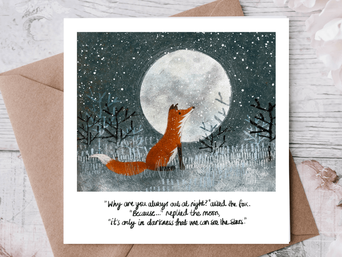 To See The Stars Greeting Card with artwork of a fox against a moonlit background, featuring an inspiring quote.