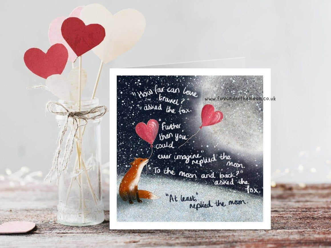 To The Moon & Back Love Card by Fox Under The Moon with moonlit hearts illustration and heartfelt quote.