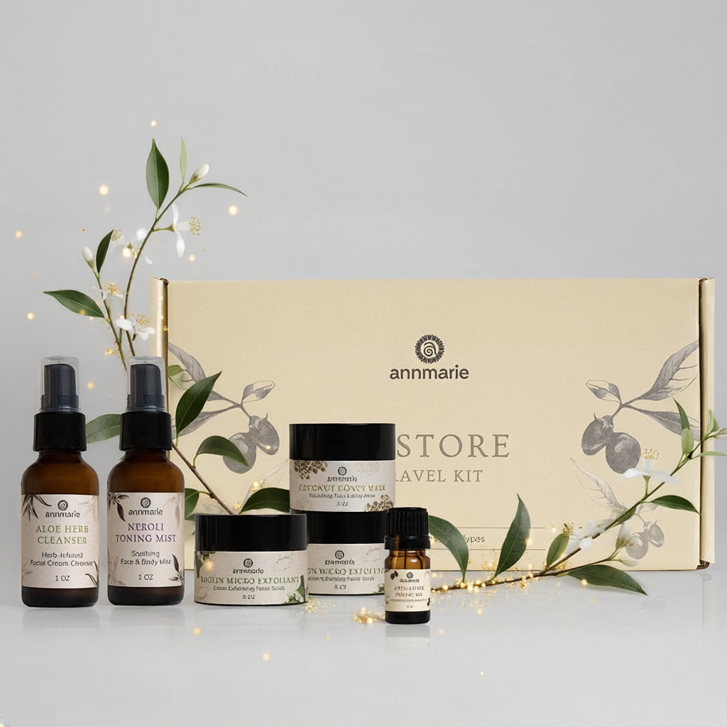 Skincare product set with 'annmarie' branding on a light gray background