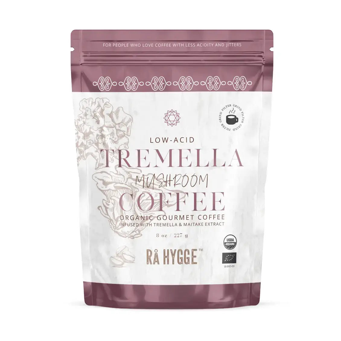 Tremella & Maitake Mushroom Coffee, organic gourmet coffee in low-acid blend from Ra Hygge, 8oz package.