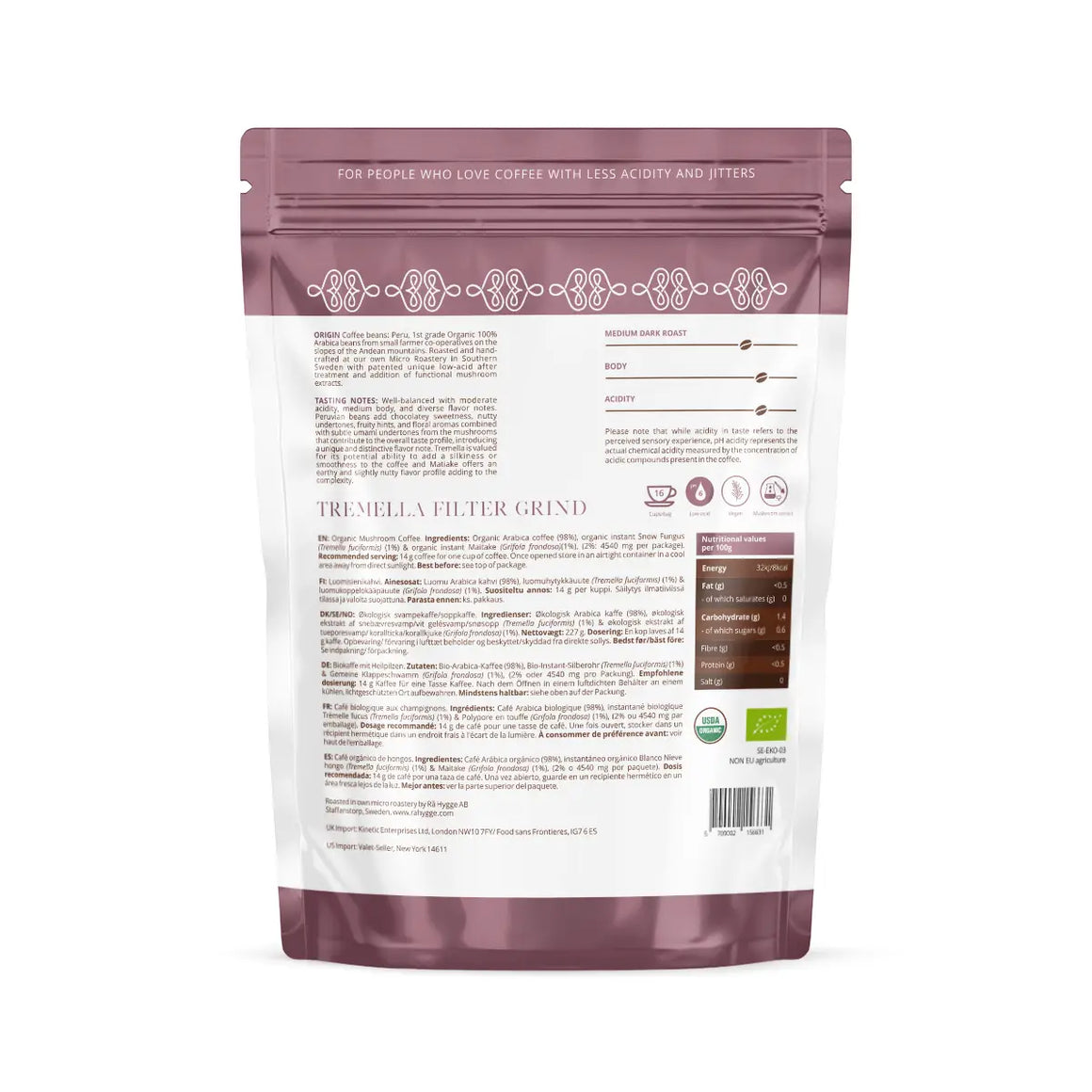 Tremella & Maitake Mushroom Coffee back packaging with filter grind details and nutritional information.