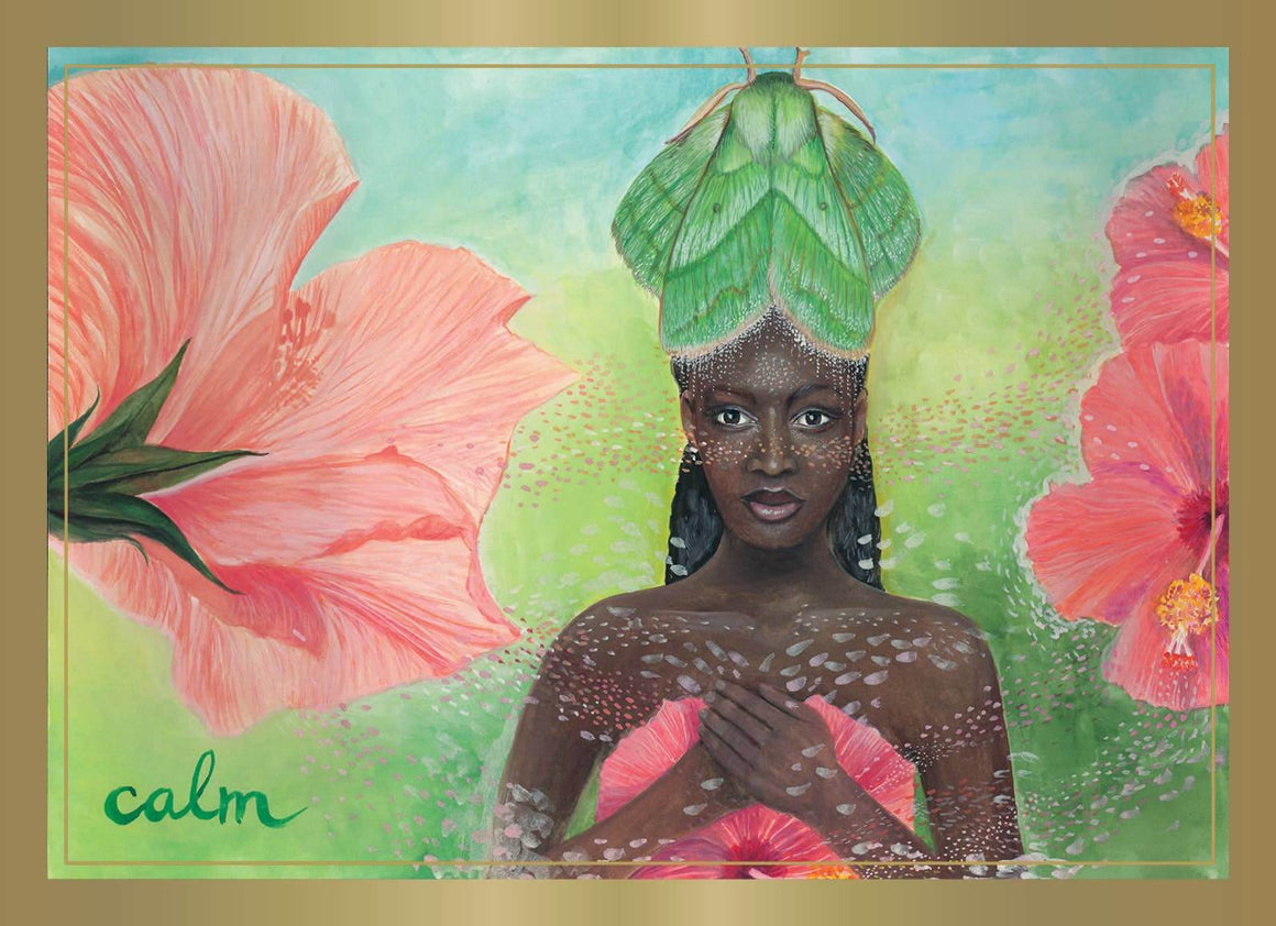 Artistic depiction of a person with flowers and 'calm' text in a decorative frame