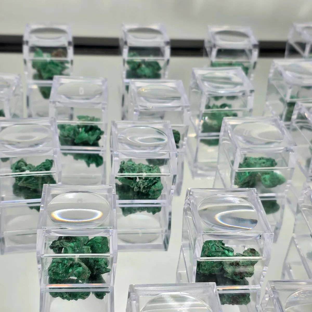 Velvet Malachite Raw In Magnifying Box showcasing emerald-green specimens in display boxes.