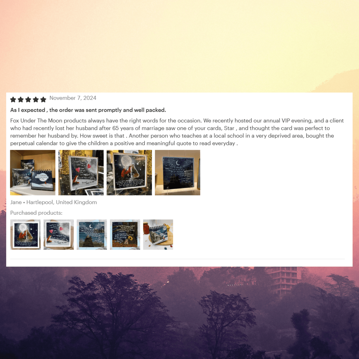 Customer review of "Waves" Soothing & Encouragement Card by Fox Under The Moon, highlighting prompt service and thoughtful design.