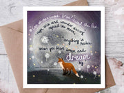 "Wishes" Celebration Card by Fox Under The Moon featuring fox and moon with inspirational text.