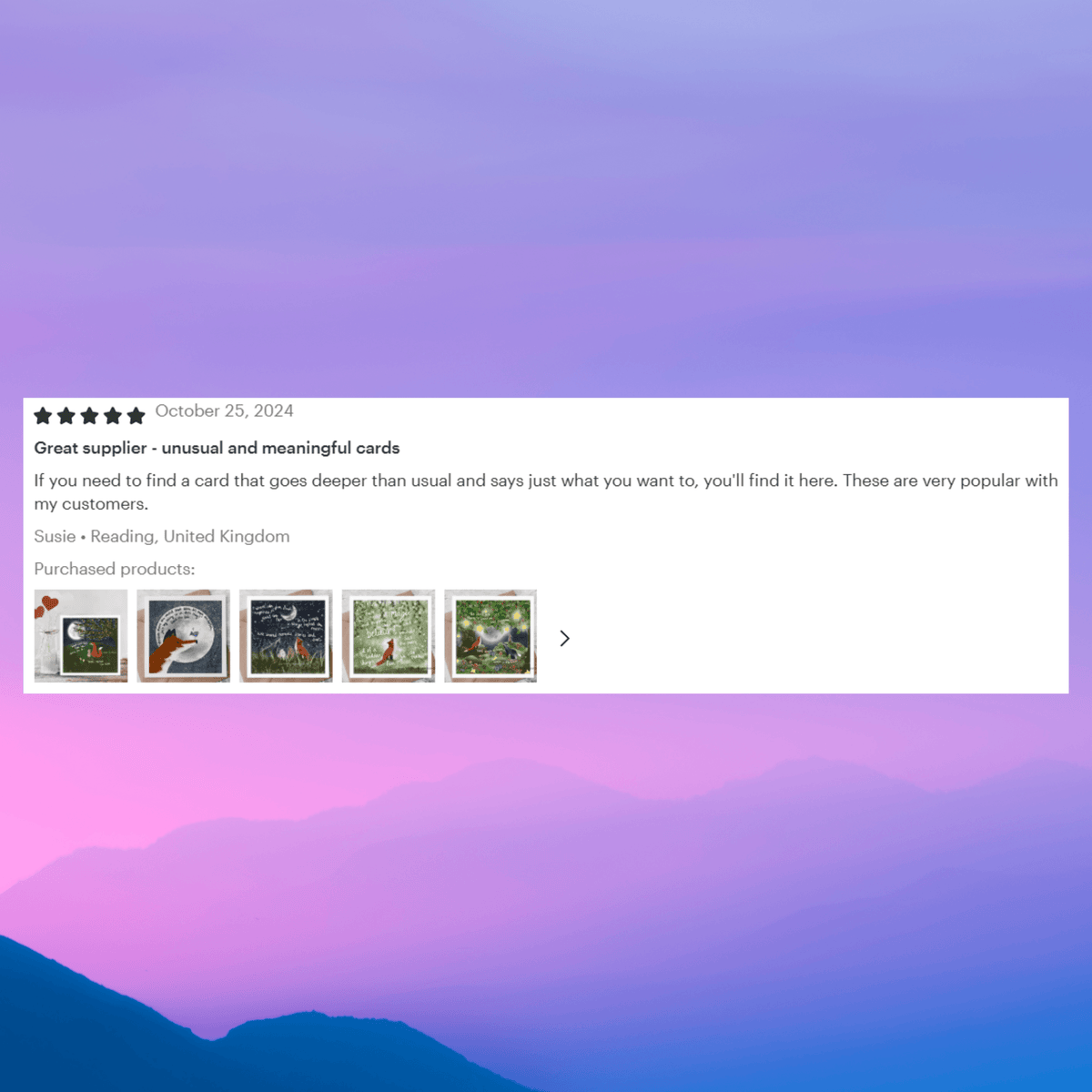 Customer review for Wishes Celebration Card by Fox Under The Moon highlighting its meaningful design and popularity.