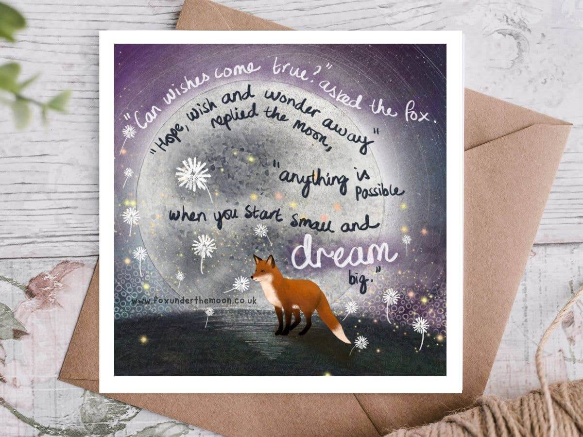 Wishes Celebration Card by Fox Under The Moon featuring a fox gazing at the moon with inspirational text about dreams.