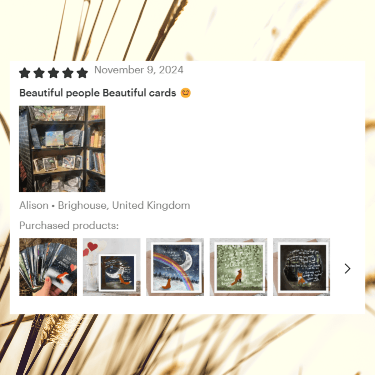Customer review photo showcasing the "Wishes" Celebration Card by Fox Under The Moon among other beautiful cards.