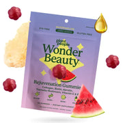 WonderBeauty Hair, Skin & Nails Gummies packaging with watermelon, collagen and biotin, featuring no artificial colors or sugars.