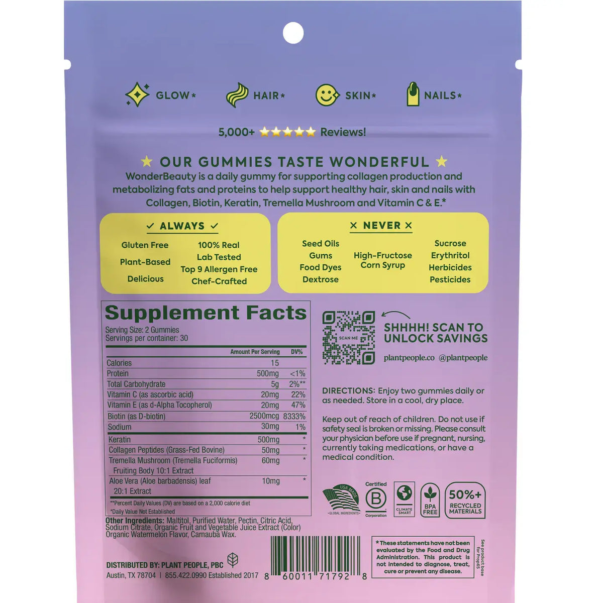 WonderBeauty Hair, Skin & Nails Gummies package featuring supplement facts and ingredients list.