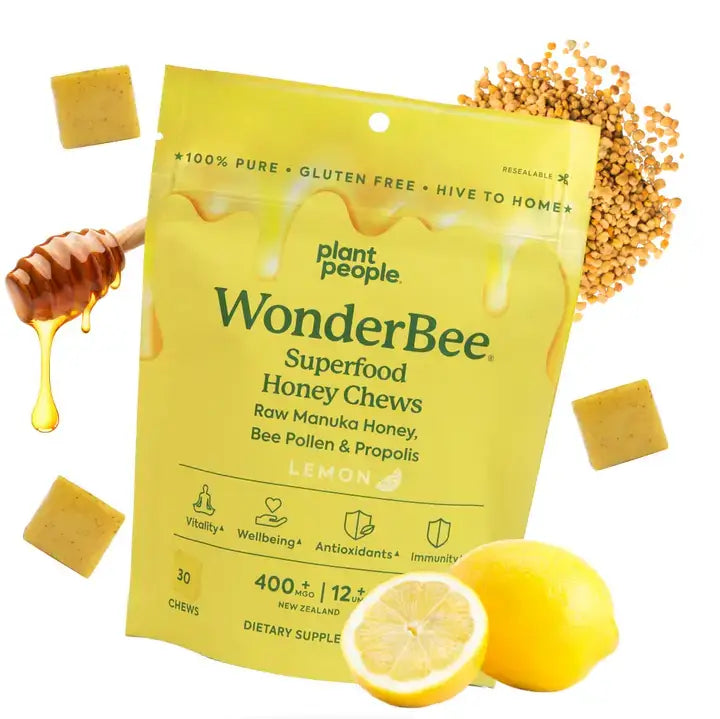 WonderBee® Chews package with honey, lemon, and raw ingredients promoting vitality and immune health.