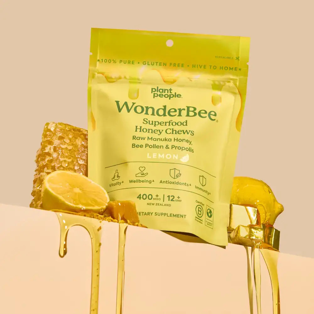 WonderBee® Chews in packaging with honey and lemon, highlighting superfood honey chews for wellbeing and vitality.