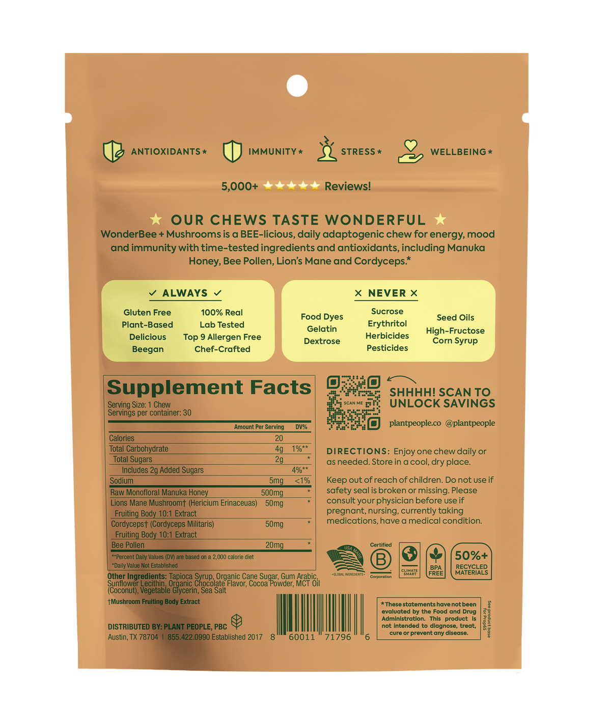 WonderBee mushroom honey chews packaging back with supplement facts and health benefits listed.