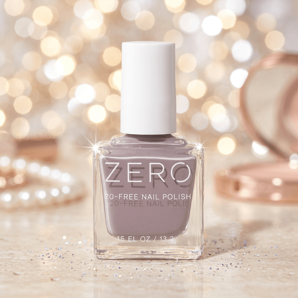 Bottle of ZERO nail polish with a blurred festive background