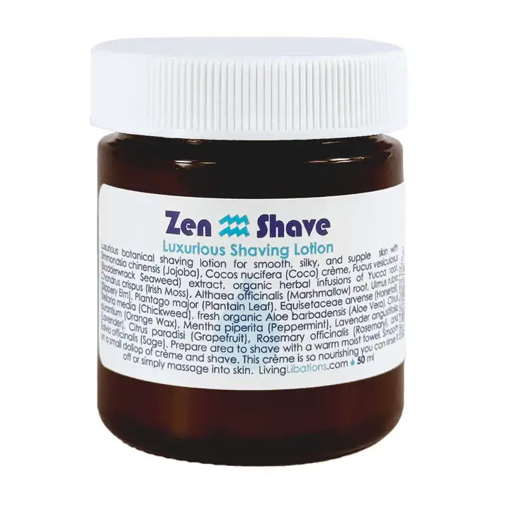 Jar of Zen Shave luxurious shaving lotion with a white label on a white background