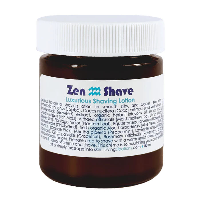 Jar of Zen Shave luxurious shaving lotion with a white label on a white background