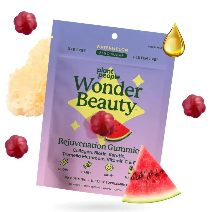 WonderBeauty Hair, Skin & Nails Gummies packaging with watermelon, collagen and biotin, featuring no artificial colors or sugars.