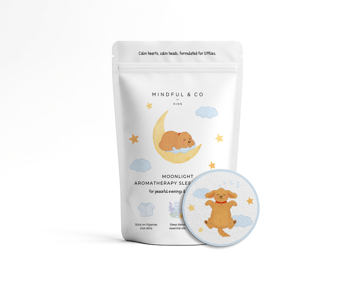 Moonlight Aromatherapy Sleep Stickers for kids package with cute dog illustration promoting relaxation.