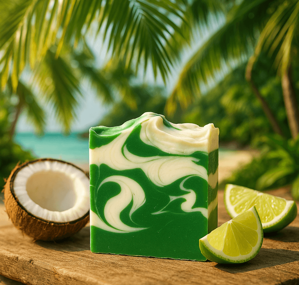 Coconut Lime Bar Soap on a tropical backdrop with coconut and lime slices, capturing the essence of summer and freshness.