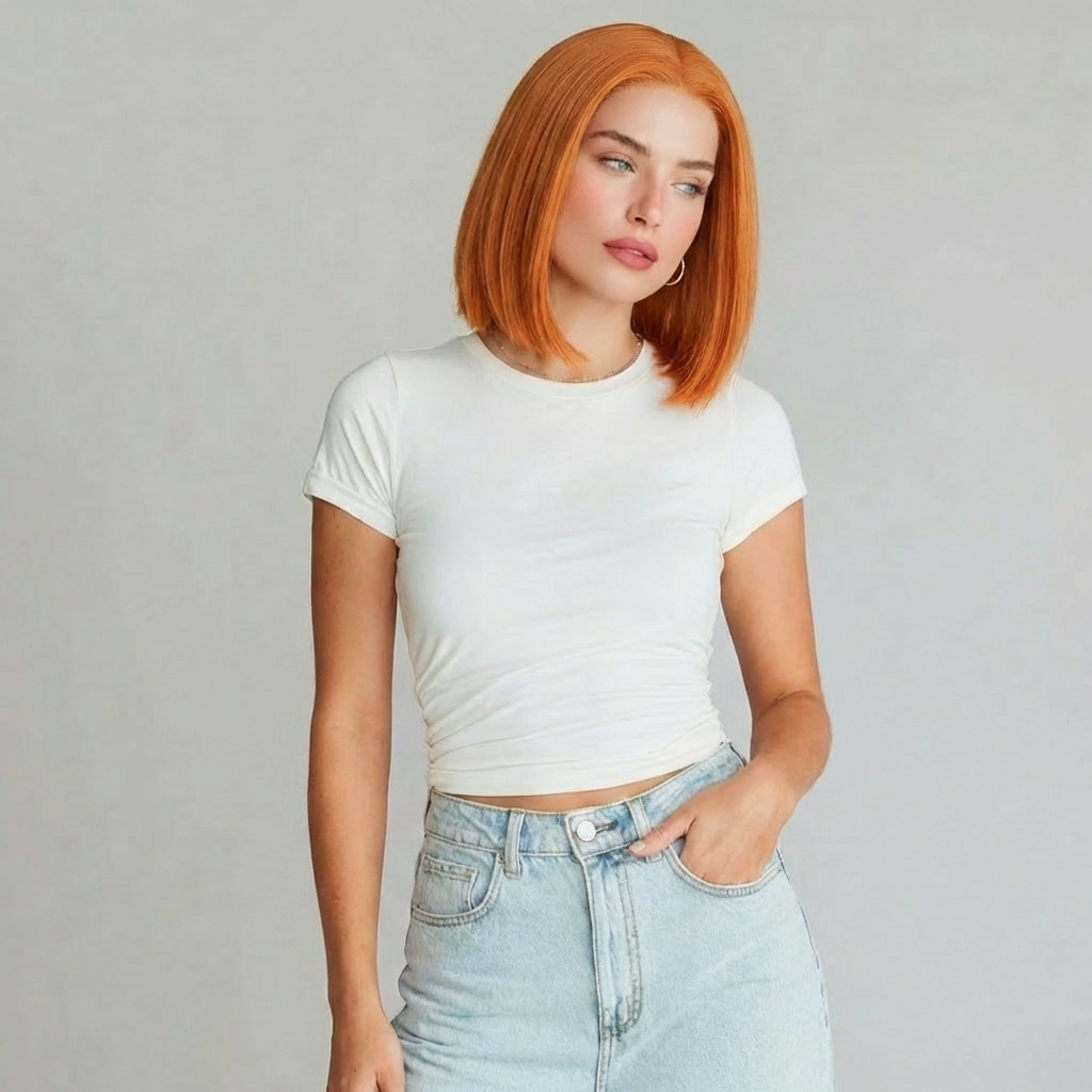 Model showcasing the Koi orange bob lace front wig with a sleek blunt cut and vibrant copper shade.