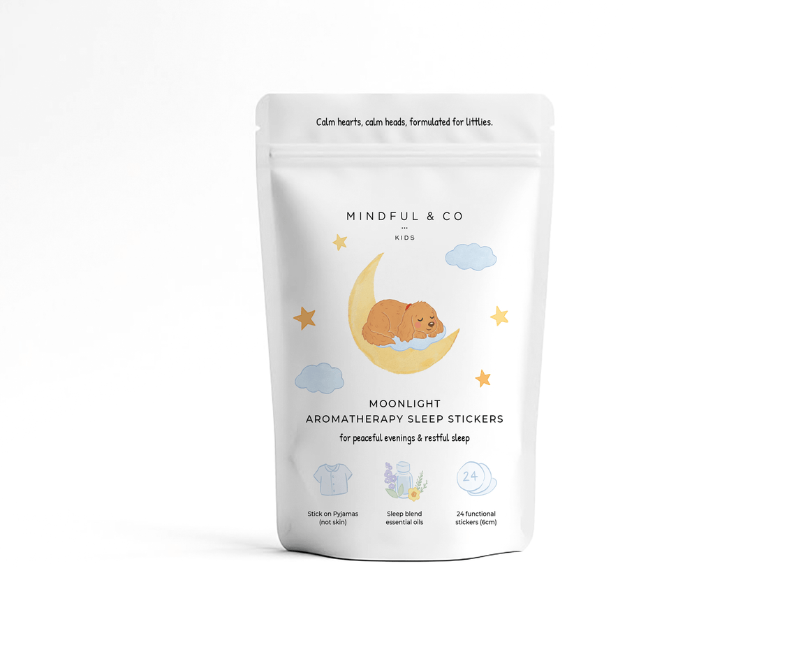 Moonlight Aromatherapy Sleep Stickers for kids in a pouch with cute illustrations promoting bedtime relaxation.