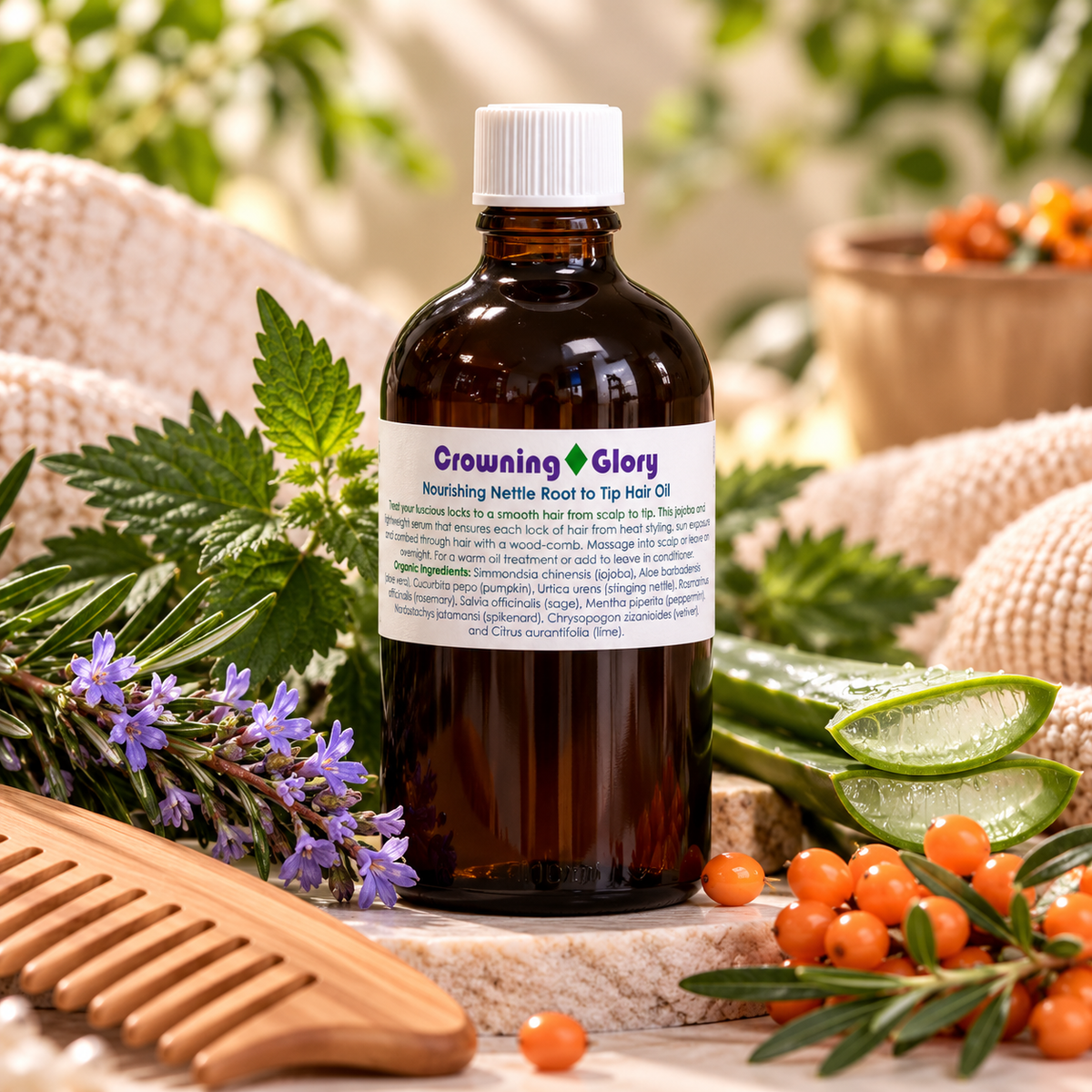 Crowning Glory Hair Oil 100ml larger bottle botanical lifestyle photograph