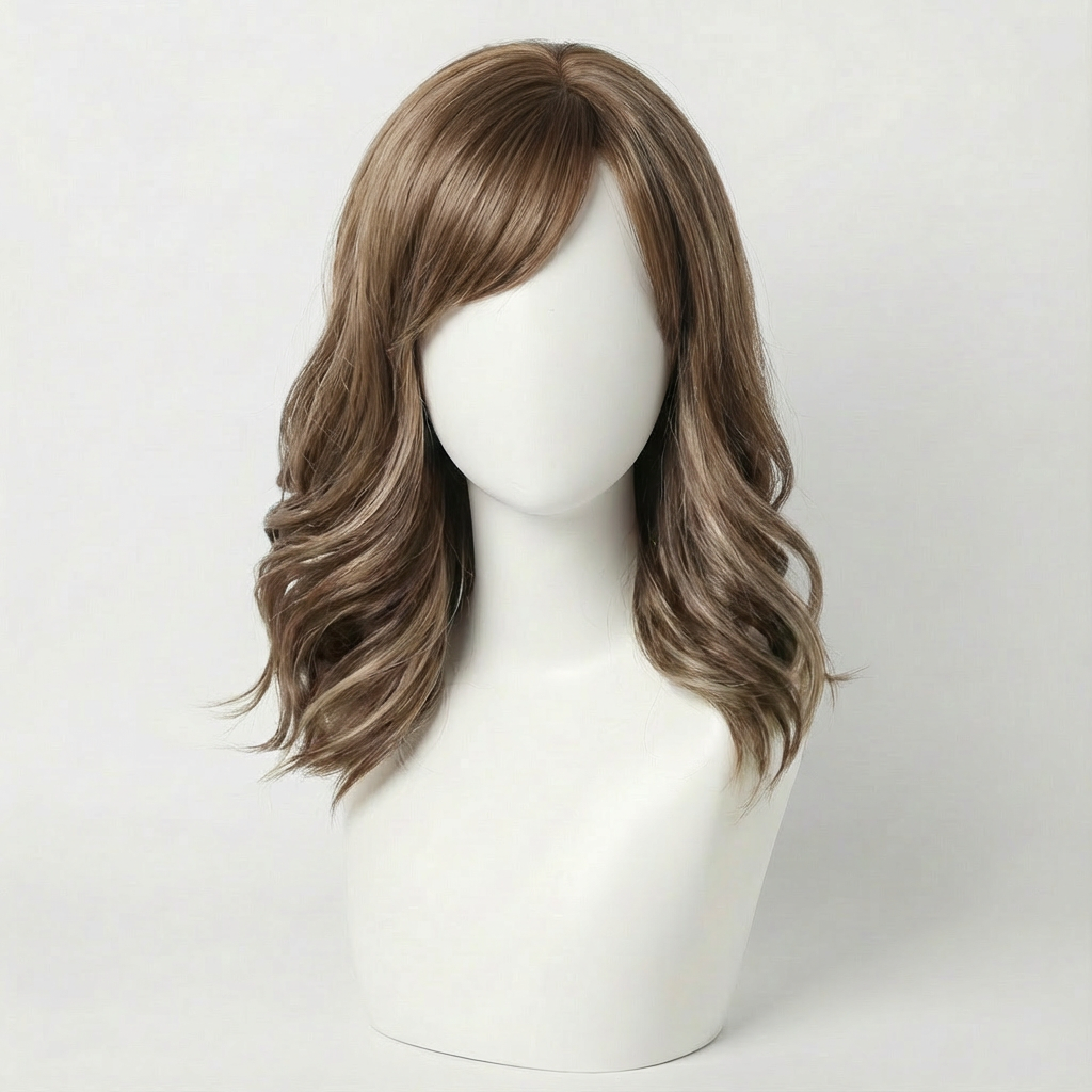 Short brown highlighted wig styled on a mannequin, showcasing soft waves and natural movement.