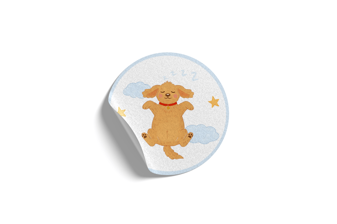 Aromatherapy sleep sticker for kids featuring a playful golden puppy with clouds and stars, promoting a soothing bedtime routine.