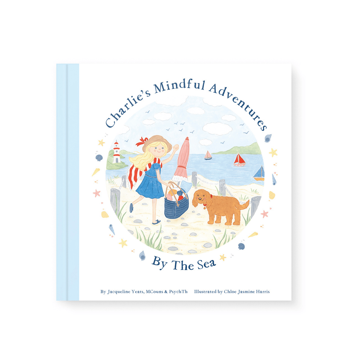 Book cover of 'Charlie's Mindful Adventures By The Sea' with illustrations of a girl and dog at the beach.