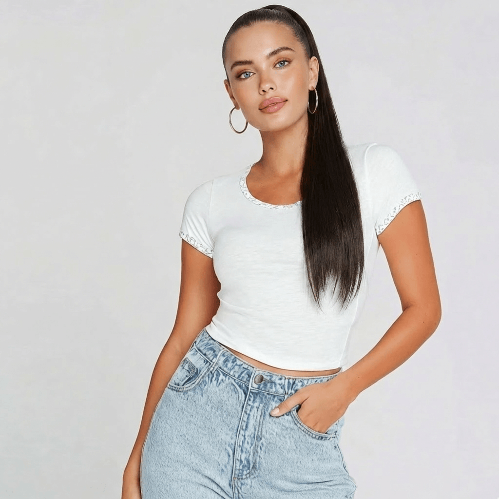 Model wearing a white top and high-waisted jeans, featuring an espresso brown ponytail hair extension for a chic look.