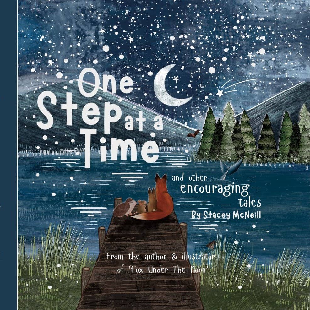 Book cover of 'One Step at a Time' with foxes on a dock under a starry night sky.