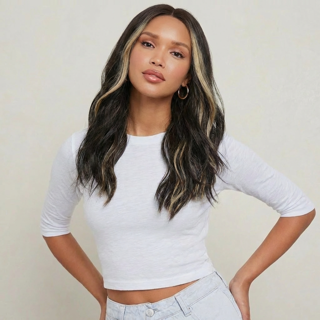 Dani Black Bodywave Wig with Blonde Highlights styled on a model, showcasing soft waves and a modern middle part.