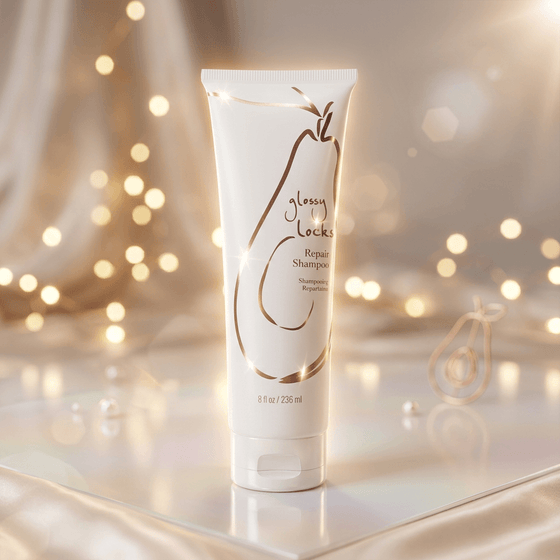 Shampoo tube labeled 'Glossy Locks' on a reflective surface with blurred lights in the background