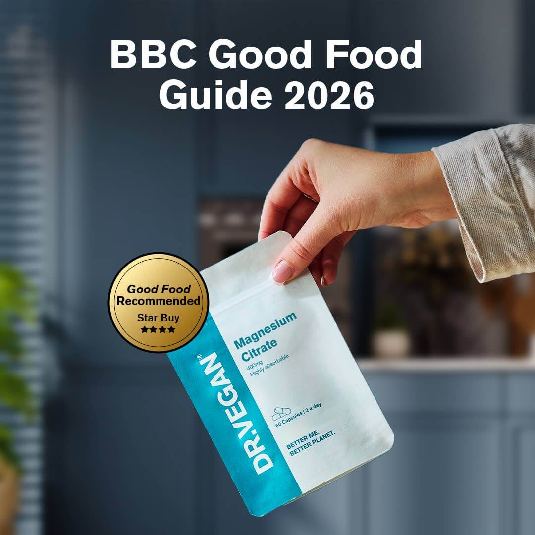 high absorption magnesium citrate supplement package held in hand with BBC Good Food Guide 2026 badge.