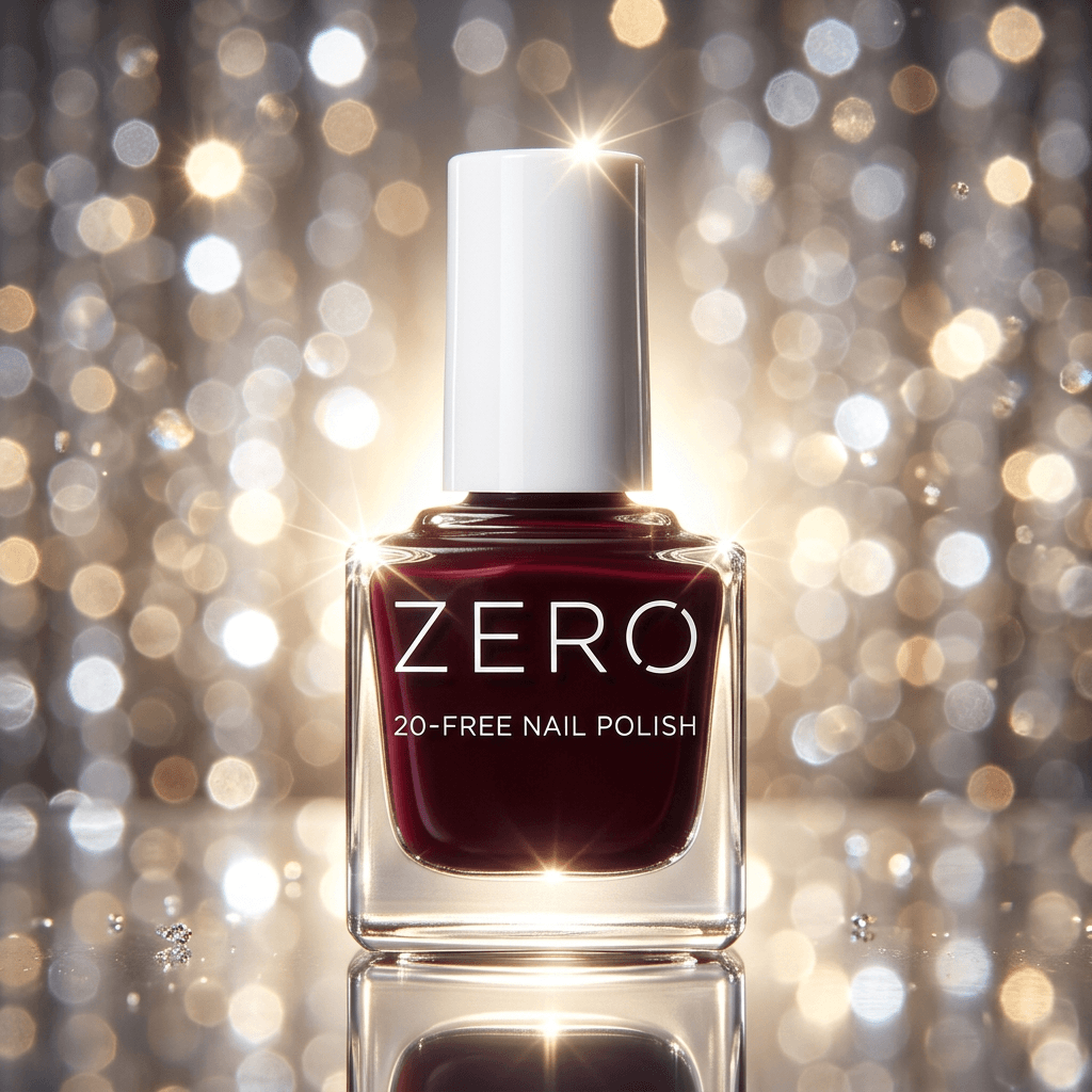 Nail polish bottle labeled 'ZERO 20-Free Nail Polish' with a sparkling background